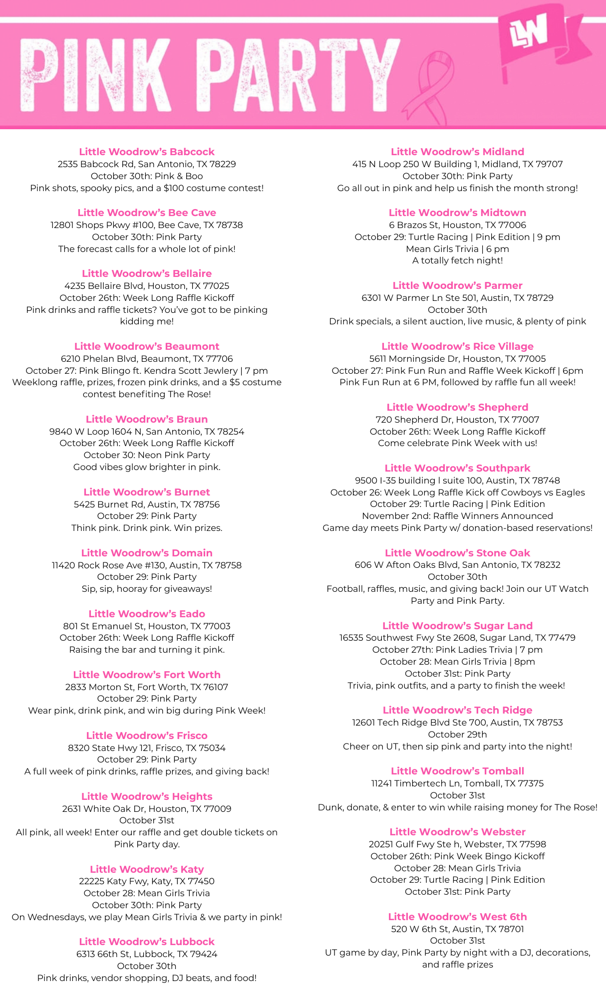 Little Woodrow's Pink Parties Across Texas! 10 Little Woodrows Pink Week 2026 Full List