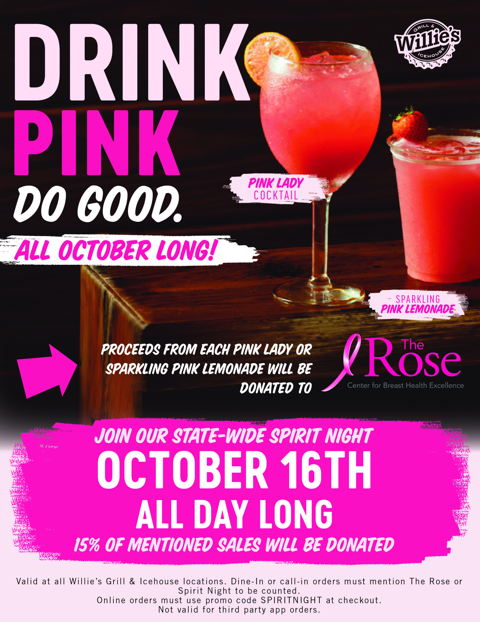 Willie's Grill and Ice House Dine and Donate Day 10/16 10 Pink Lady Flyer scaled